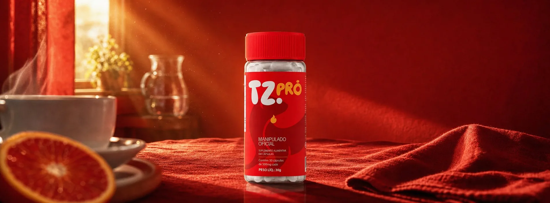 Pote do TZ PRO numa mesa, com café e laranja, na luz da manhã